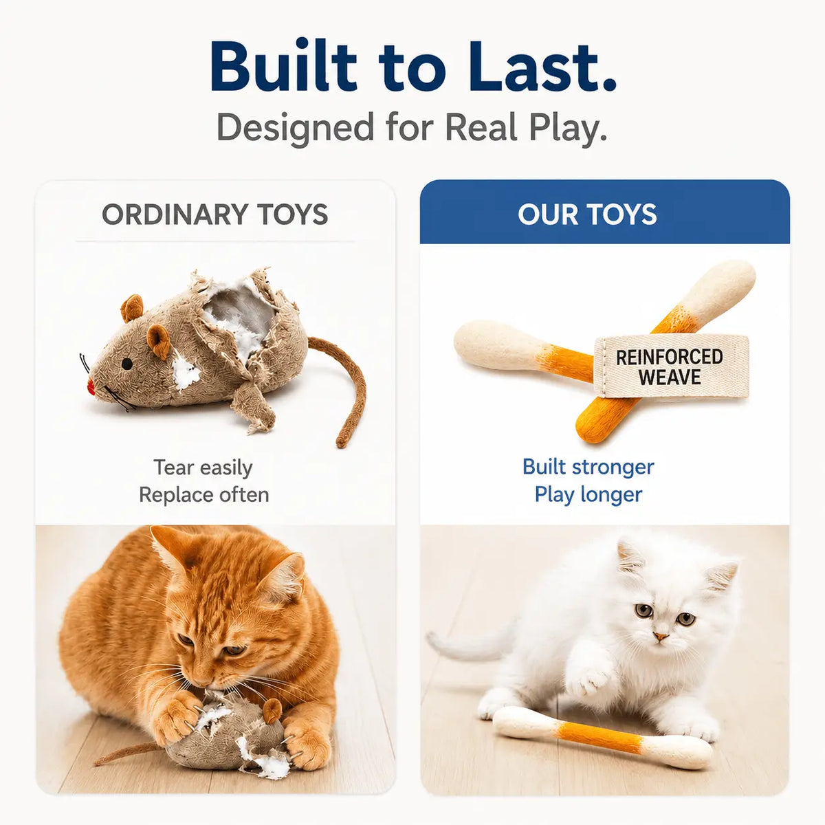 Built to last comparison showing ordinary cat toys tearing easily beside the reinforced weave of the Q tip toy