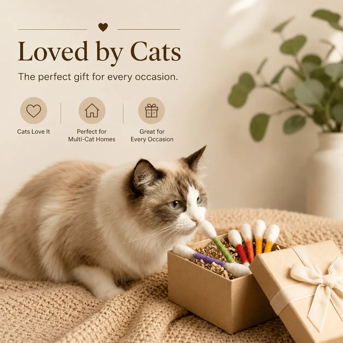 Cat pulling the Q tip toys out of a gift box, presented as a gift for cat owners