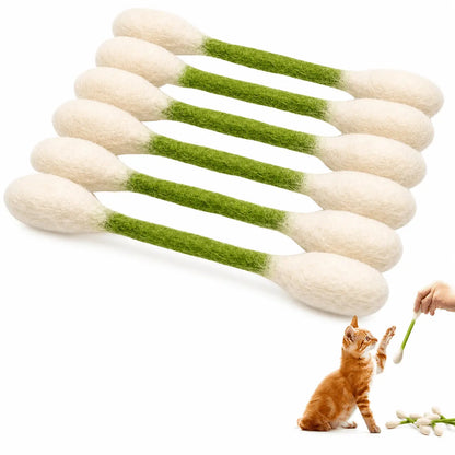 Set of six giant Q tip cat toys with green handles