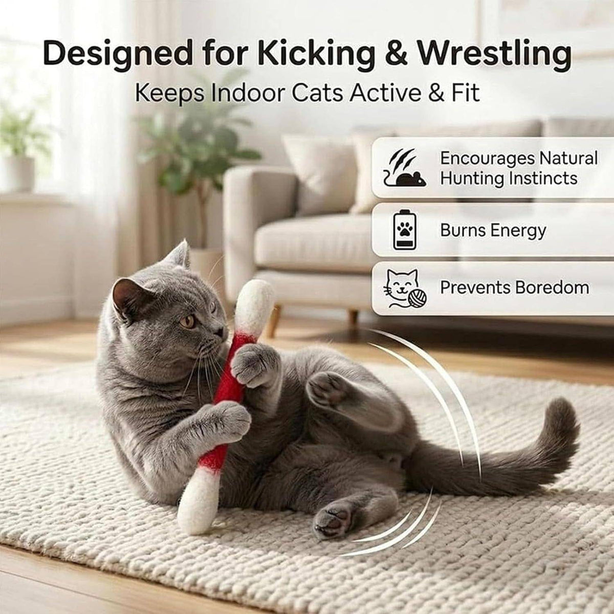 Gray cat bunny-kicking a Q tip toy with both back legs, with badges for hunting instincts, burning energy and preventing boredom