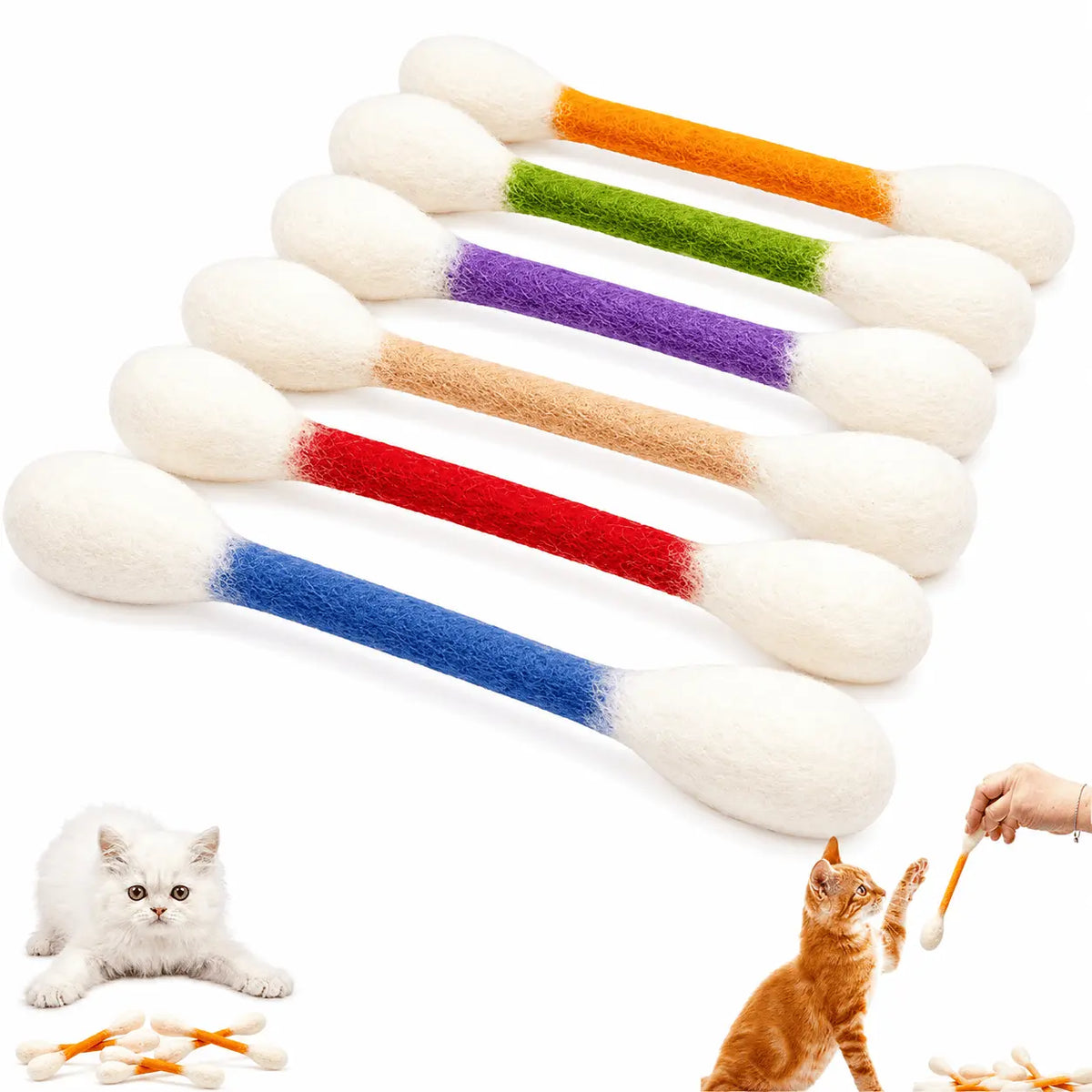 Set of six giant Q tip cat toys in mixed colors, orange, green, purple, red and blue, laid out in a row