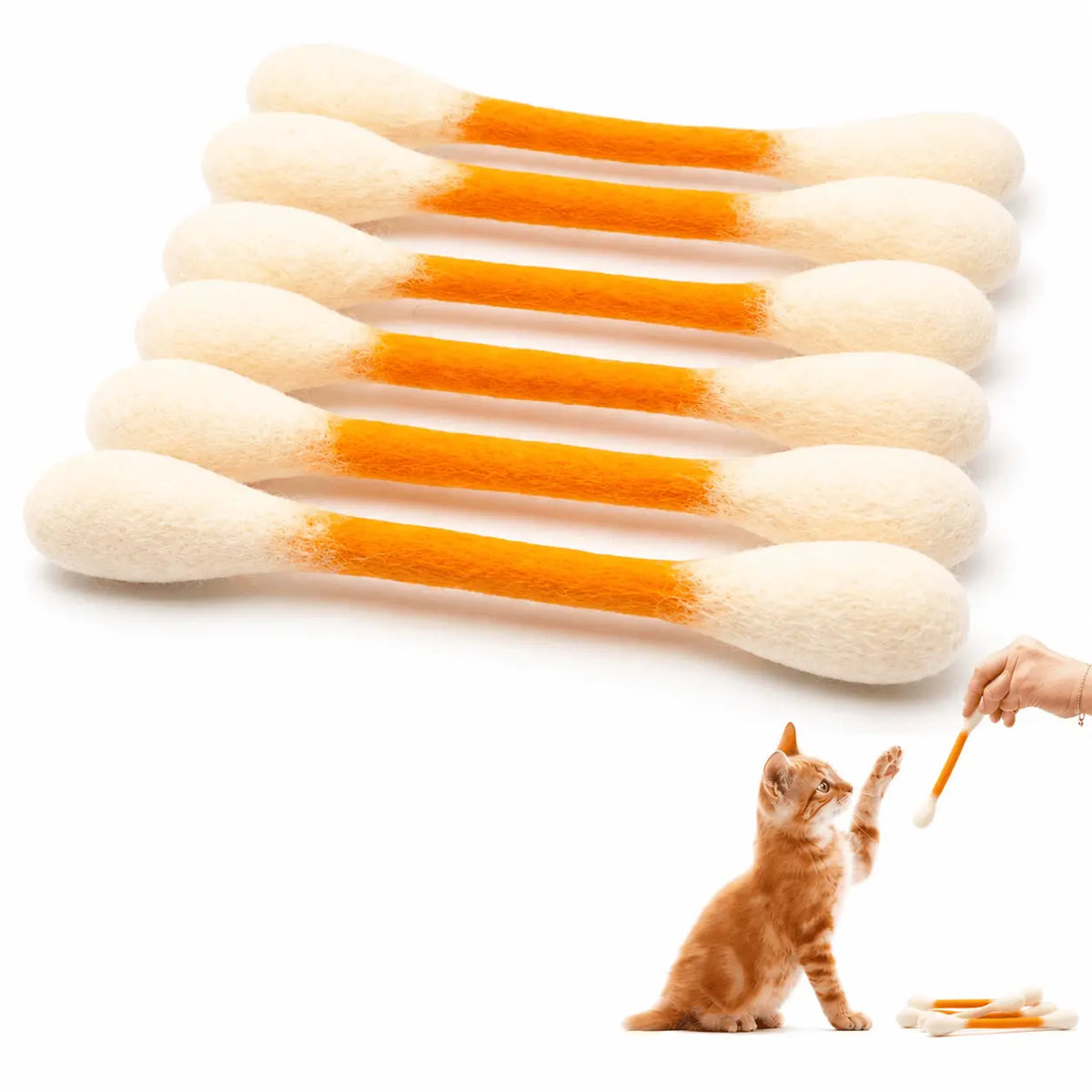 Set of six giant Q tip cat toys with orange handles