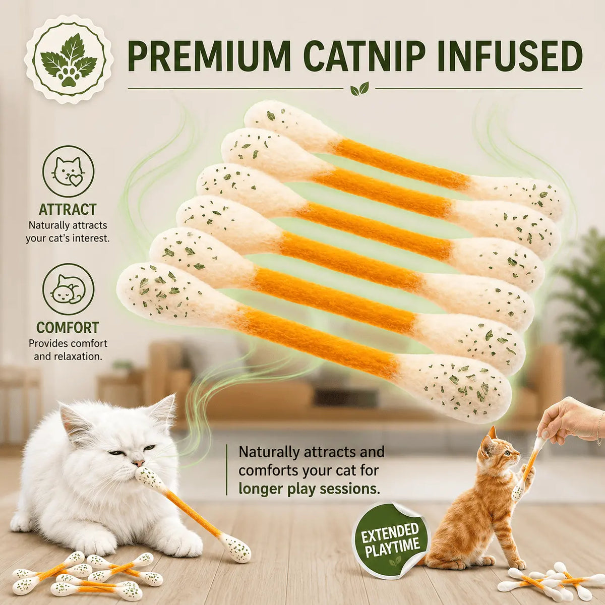 Premium catnip infused panel showing the six toys with attract and comfort callouts and two cats playing