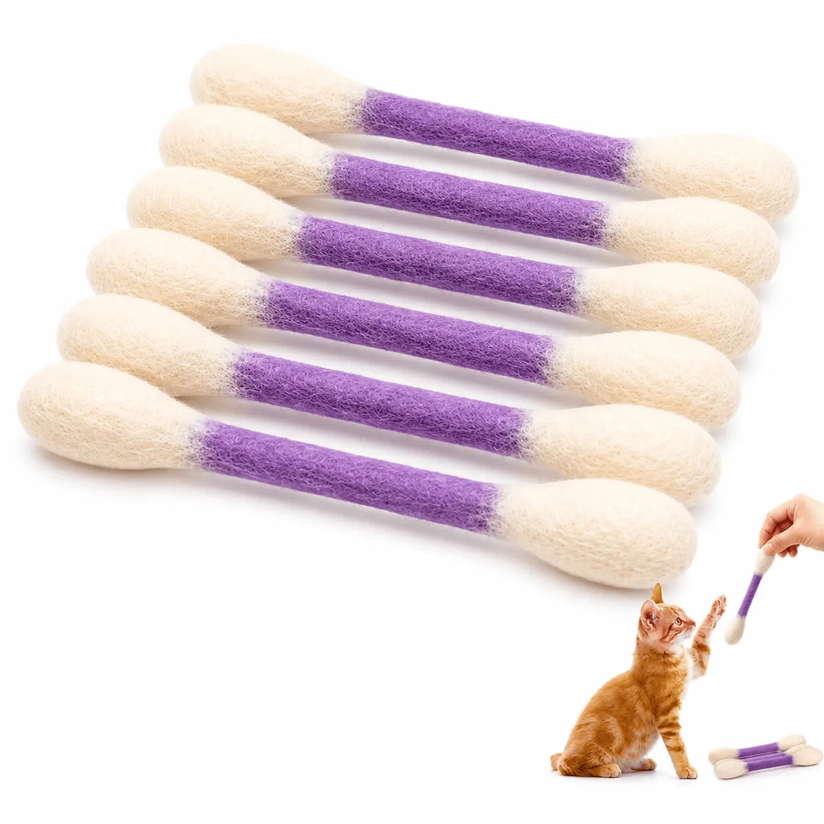 Set of six giant Q tip cat toys with purple handles