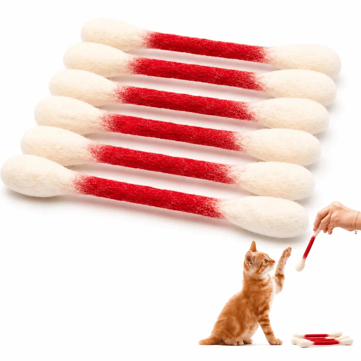 Set of six giant Q tip cat toys with red handles