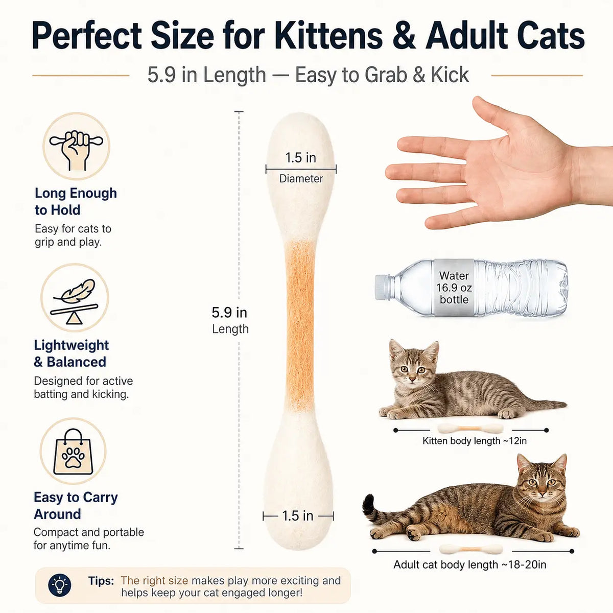 Size guide showing each toy at 5.9 inches long with a 1.5 inch head, compared against a hand, a bottle, a kitten and an adult cat