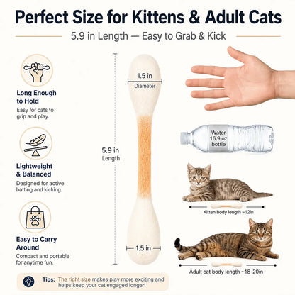 Size guide showing each toy at 5.9 inches long with a 1.5 inch head, compared against a hand, a bottle, a kitten and an adult cat