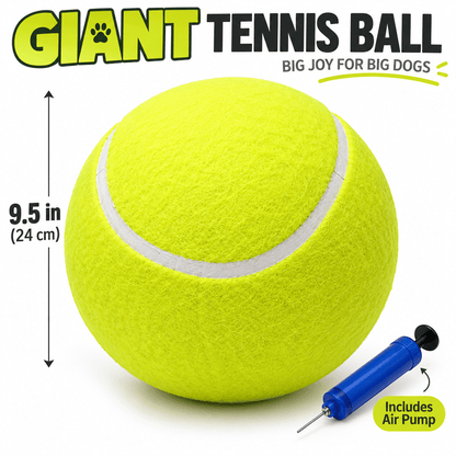 Size diagram of the giant tennis ball for dogs measuring 9.5 inches (24 cm) across, shown with the included air pump.