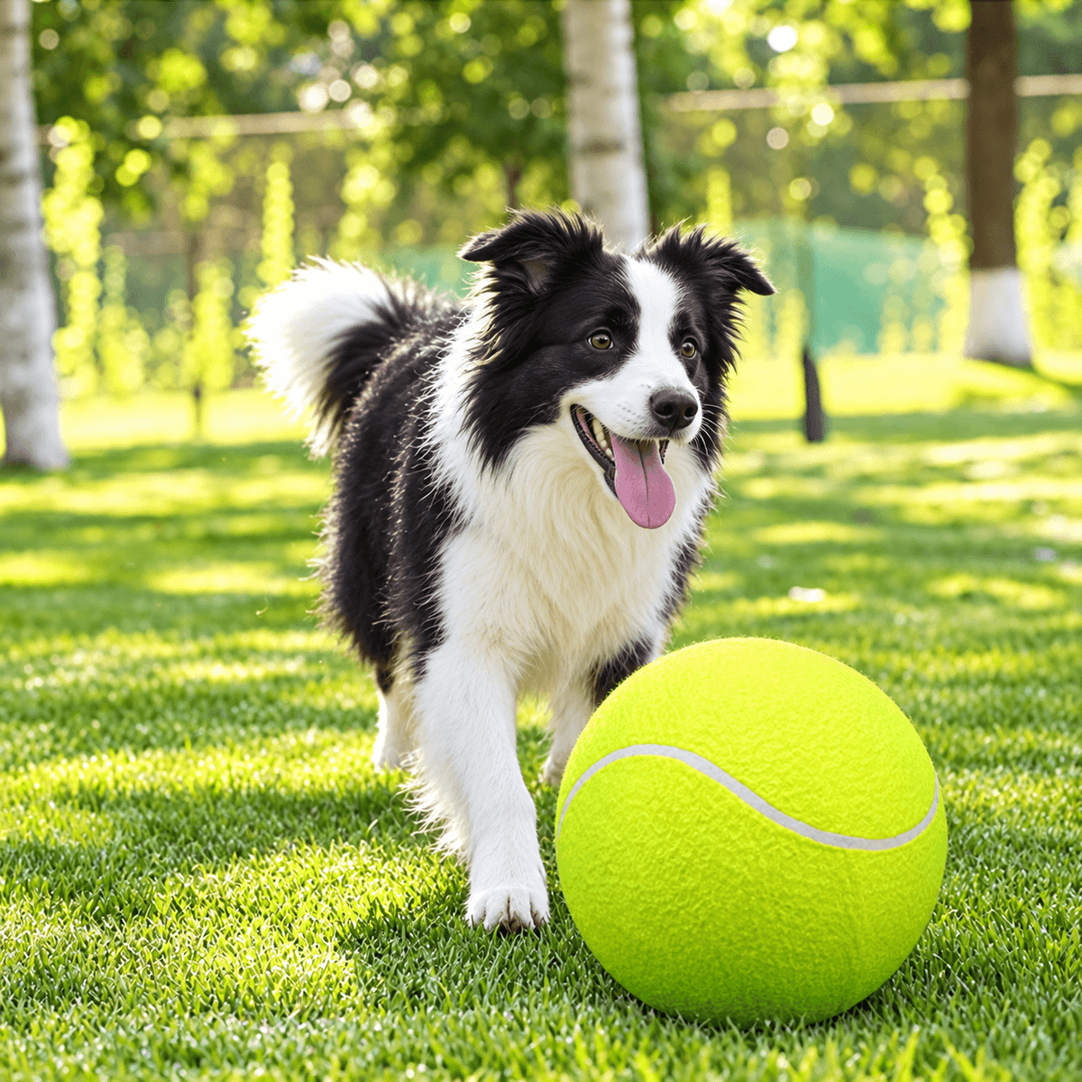 A black and white border collie running on a lawn toward the giant tennis ball for dogs.
