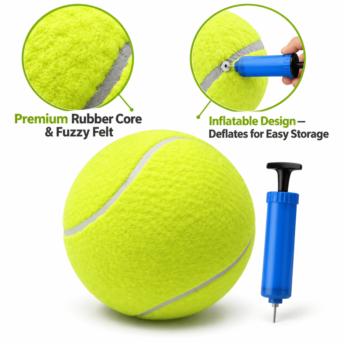 Giant tennis ball for dogs beside its blue hand pump, with close-ups of the fuzzy felt cover and the inflation valve.