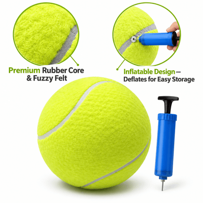 Giant tennis ball for dogs beside its blue hand pump, with close-ups of the fuzzy felt cover and the inflation valve.