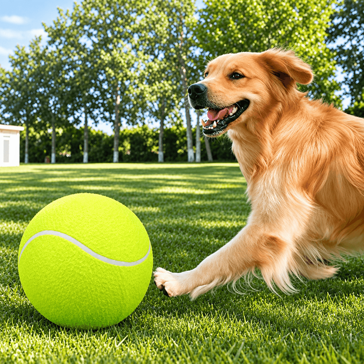 A golden retriever lying on the grass and pawing at the giant tennis ball for dogs.