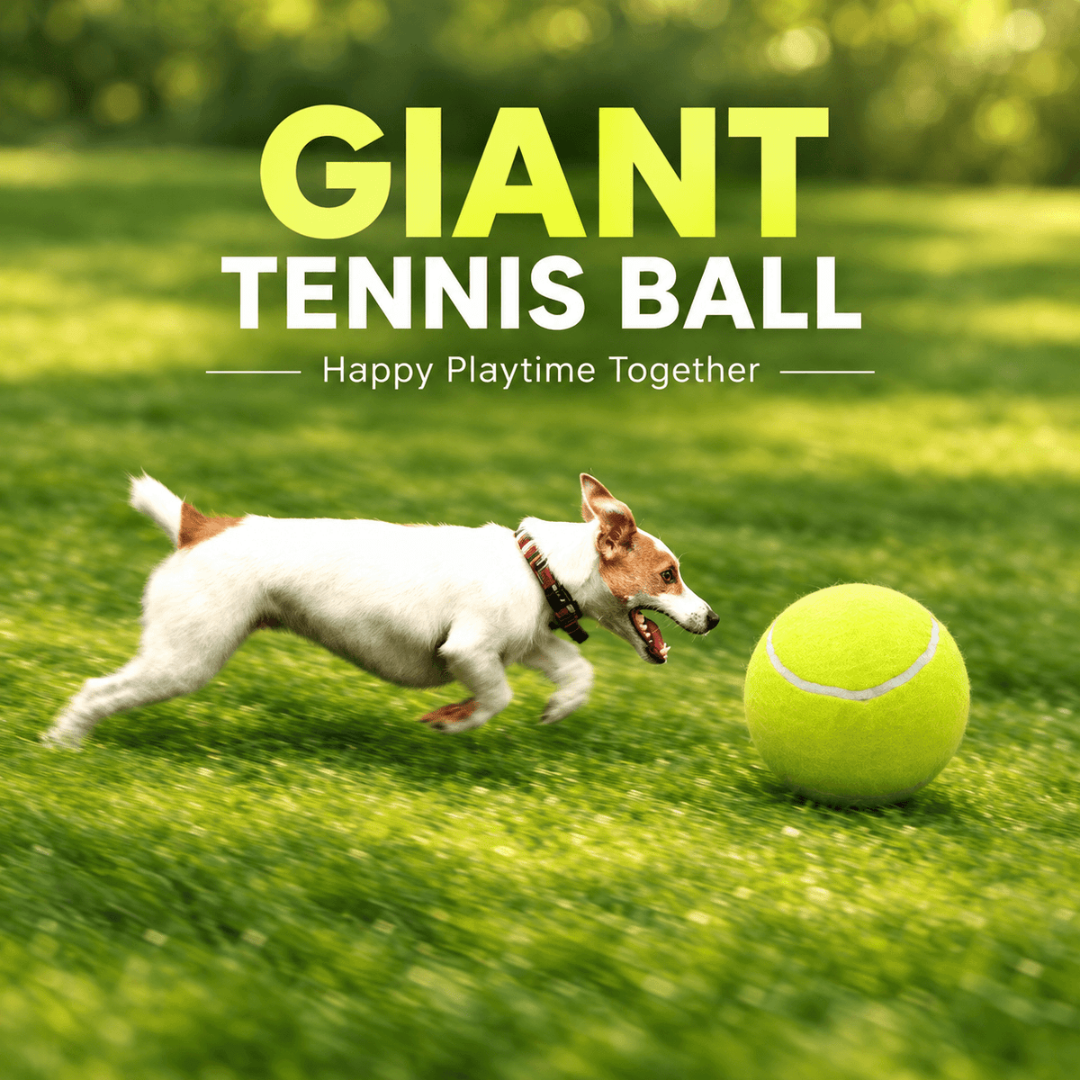 A small terrier chasing the giant tennis ball for dogs across a sunny lawn.