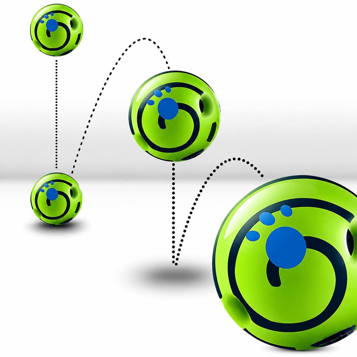 Sequence showing the green giggle ball bouncing along its path