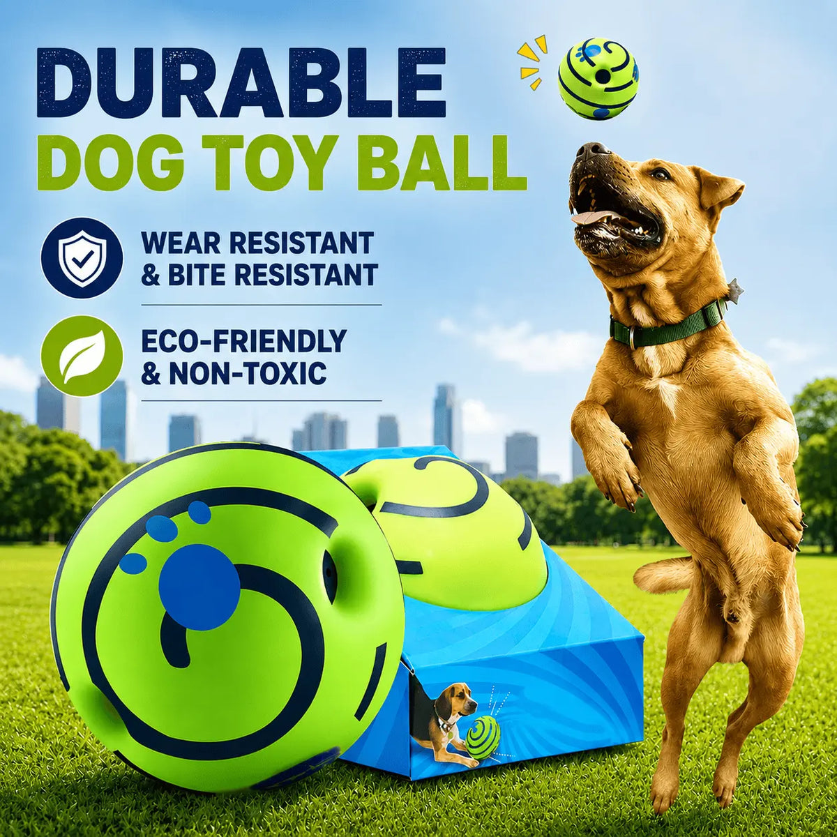 Durable dog toy ball panel listing wear resistant, bite resistant, eco-friendly and non-toxic, with a large dog leaping to catch it