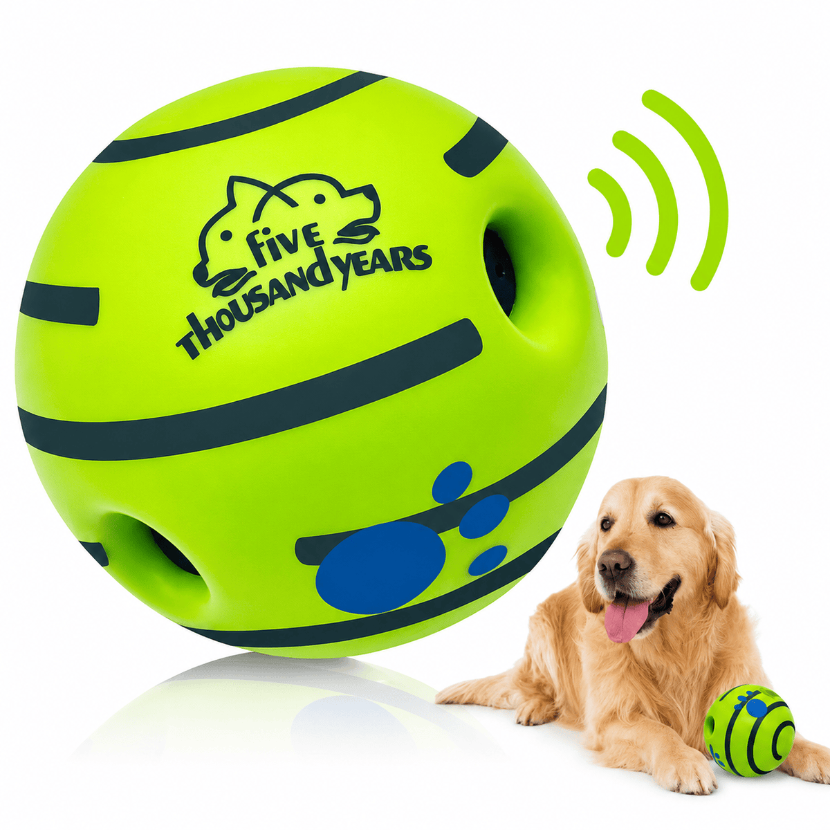 Green giggle ball dog toy with sound holes and a golden retriever lying beside it