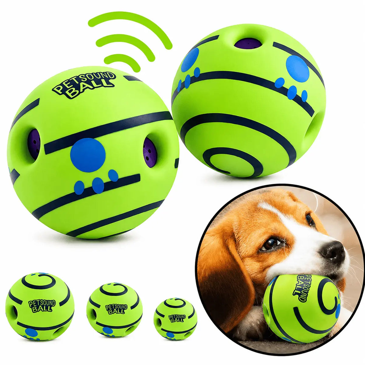The green giggle ball shown from several angles with its sound holes, the size range beneath it and a beagle carrying one in its mouth