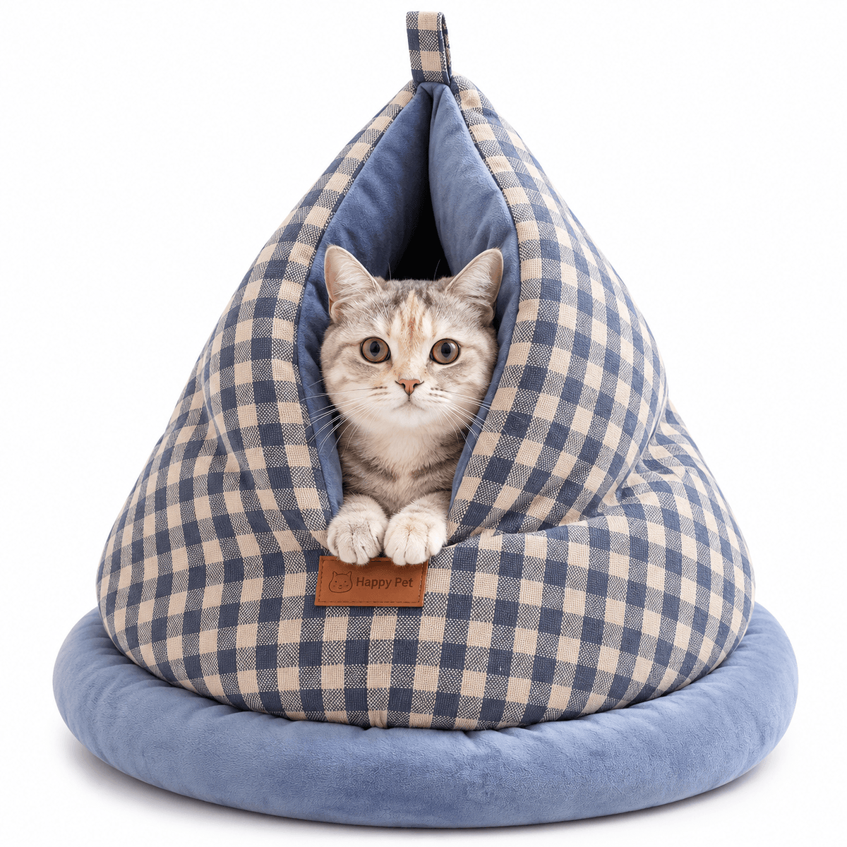 Tabby cat peeking out of the blue gingham cat cave bed with its plush blue base.