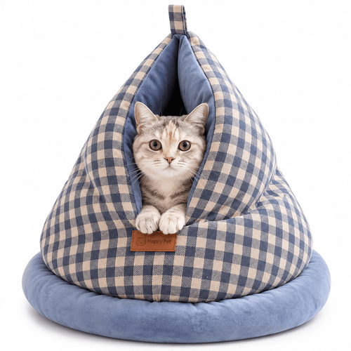 Tabby cat peeking out of the blue gingham cat cave bed with its plush blue base.