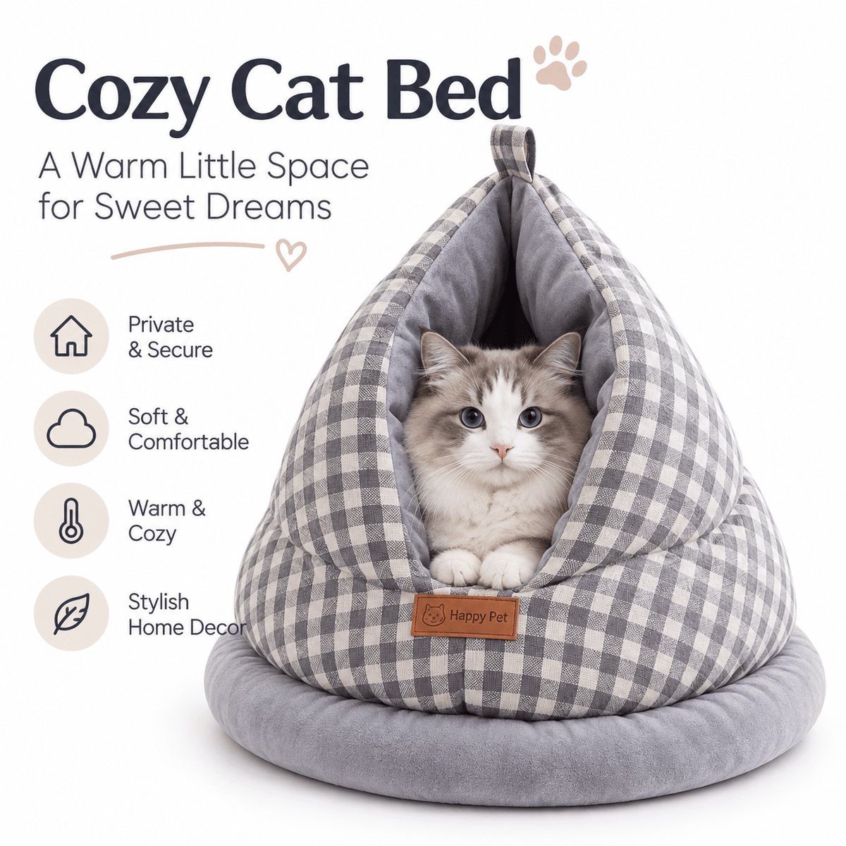Gray gingham cat cave bed with a cat inside and icons for privacy, softness, warmth and style.