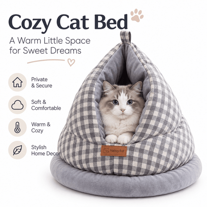 Gray gingham cat cave bed with a cat inside and icons for privacy, softness, warmth and style.