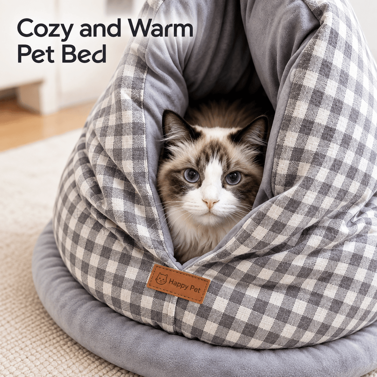 Close view of a ragdoll cat tucked inside the gray gingham cat cave bed.