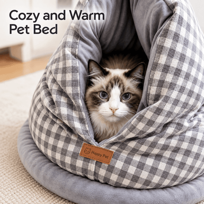 Close view of a ragdoll cat tucked inside the gray gingham cat cave bed.