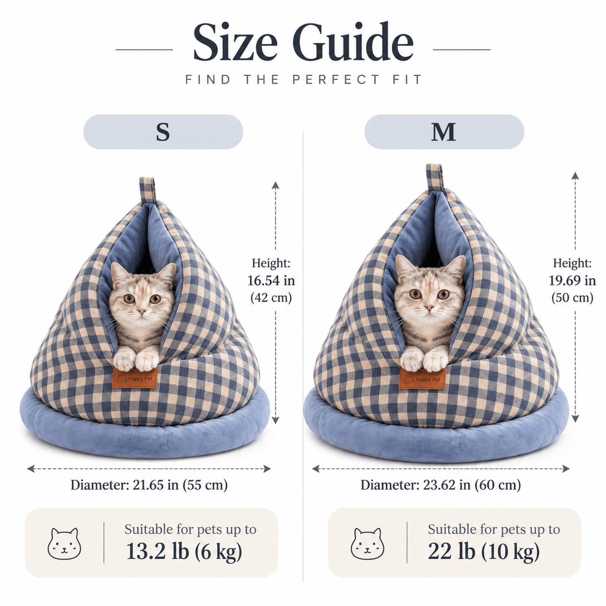 Size guide for the gingham cat cave bed: S 55 cm diameter for cats up to 6 kg, M 60 cm for up to 10 kg.