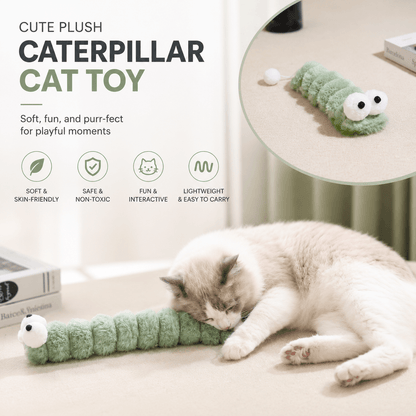 Cute plush caterpillar cat toy banner showing the green gradient caterpillar toy and a kitten batting it, with icons for soft and skin-friendly, safe and non-toxic, fun and interactive, and lightweight and easy to carry