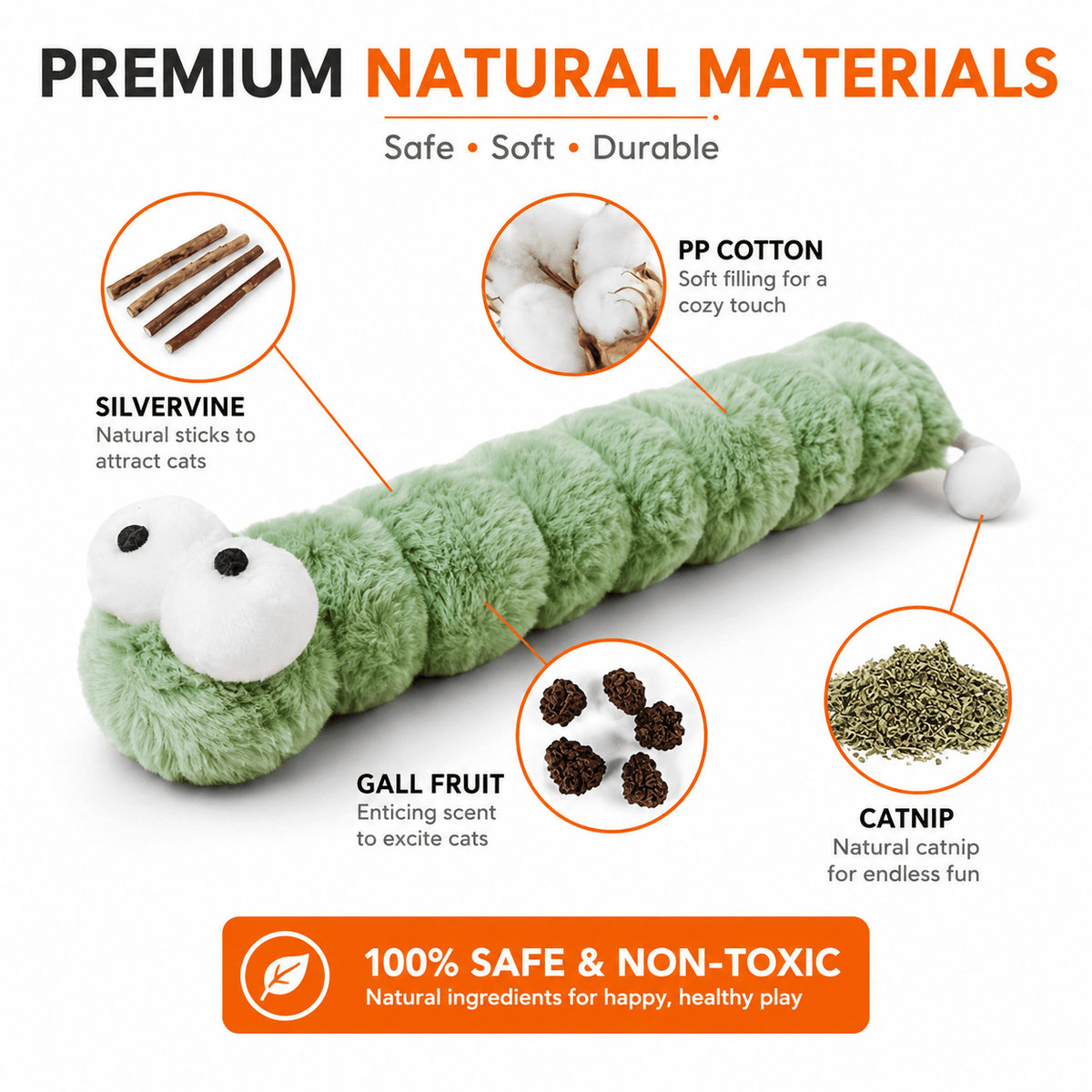 Premium natural materials infographic for the green gradient plush caterpillar cat toy with callouts for silvervine sticks, PP cotton filling, gall fruit, and catnip, and a 100 percent safe and non-toxic banner