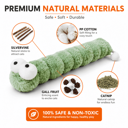 Premium natural materials infographic for the green gradient plush caterpillar cat toy with callouts for silvervine sticks, PP cotton filling, gall fruit, and catnip, and a 100 percent safe and non-toxic banner