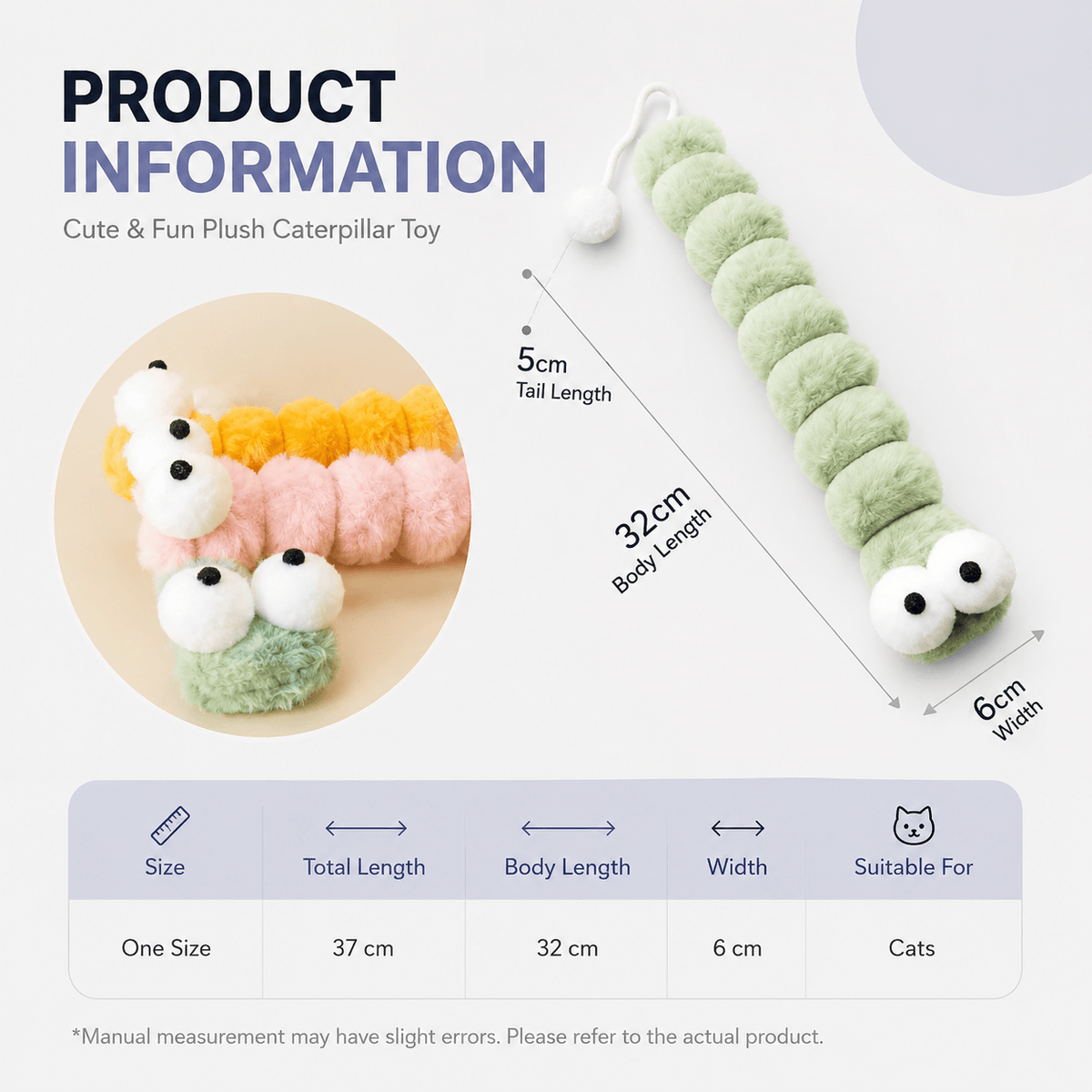 Product information size chart for the plush caterpillar cat toy showing 5 cm tail length, 32 cm body length, 6 cm width and a table listing total length 37 cm, body length 32 cm, width 6 cm, suitable for cats