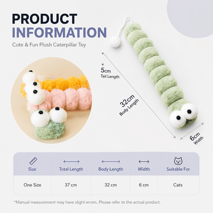Product information size chart for the plush caterpillar cat toy showing 5 cm tail length, 32 cm body length, 6 cm width and a table listing total length 37 cm, body length 32 cm, width 6 cm, suitable for cats