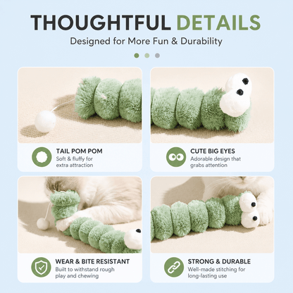 Thoughtful details four-panel close-up showing the tail pom pom, oversized embroidered eyes, wear and bite resistant plush, and reinforced stitching on the caterpillar cat toy