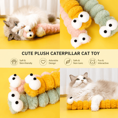Four-panel lifestyle collage of the plush caterpillar cat toy with a Ragdoll kitten wrestling the pink caterpillar, three toy faces in pink yellow and green, stacked gradient toys, and a cat resting a paw on the yellow toy