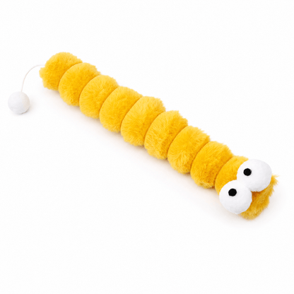 Yellow gradient plush caterpillar cat toy on a white background with white pom pom tail and oversized embroidered eyes