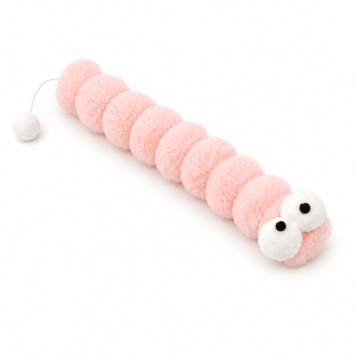Pink gradient plush caterpillar cat toy on a white background with white pom pom tail and oversized embroidered eyes