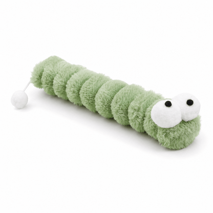 Green gradient plush caterpillar cat toy on a white background with white pom pom tail and oversized embroidered eyes
