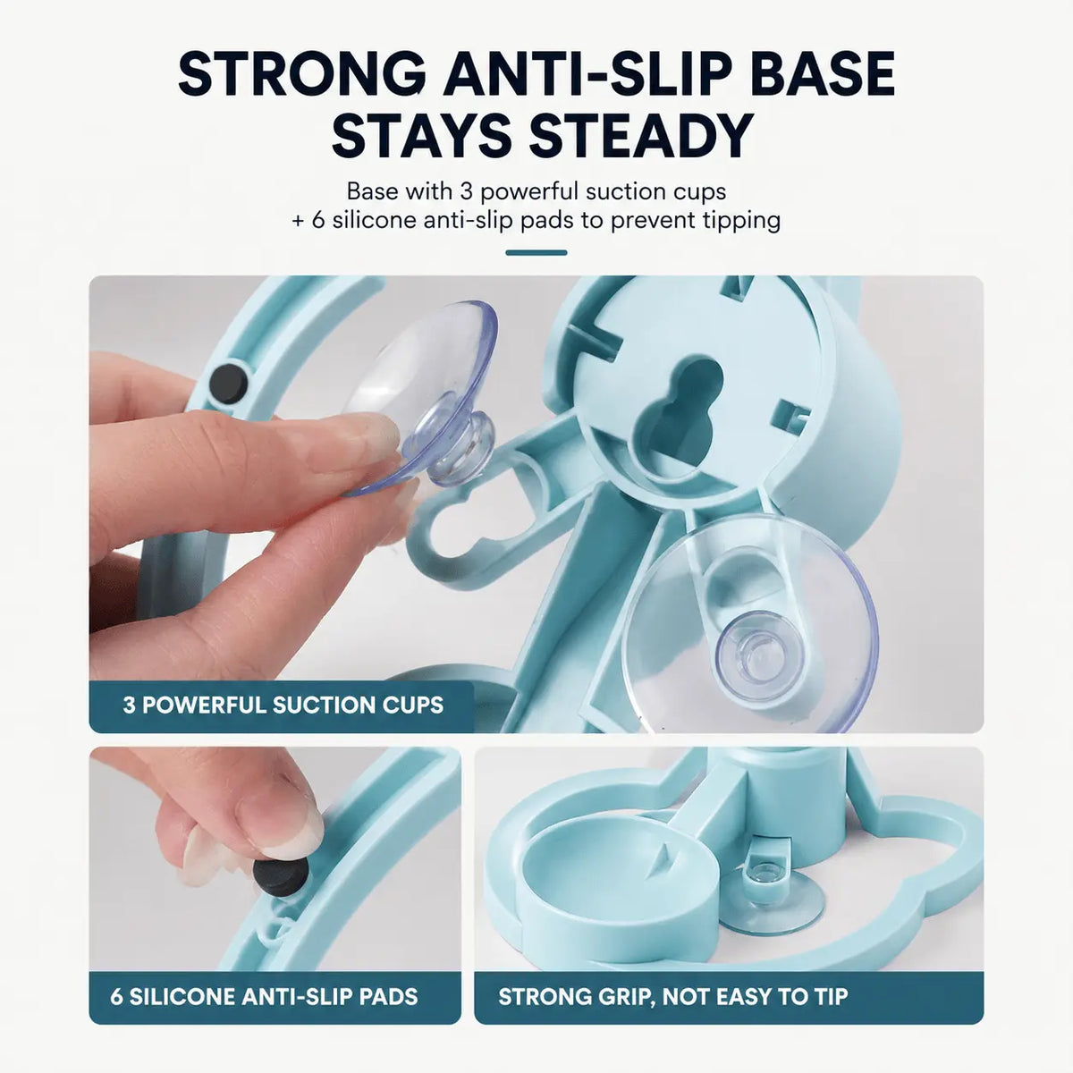 Strong anti-slip base infographic showing the blue gravity pet water dispenser base with three powerful suction cups and six silicone anti-slip pads for a strong grip that is not easy to tip