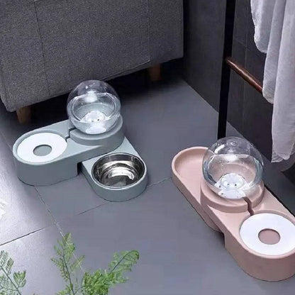 Light blue gravity water dispenser and food bowl set placed beside a gray sofa