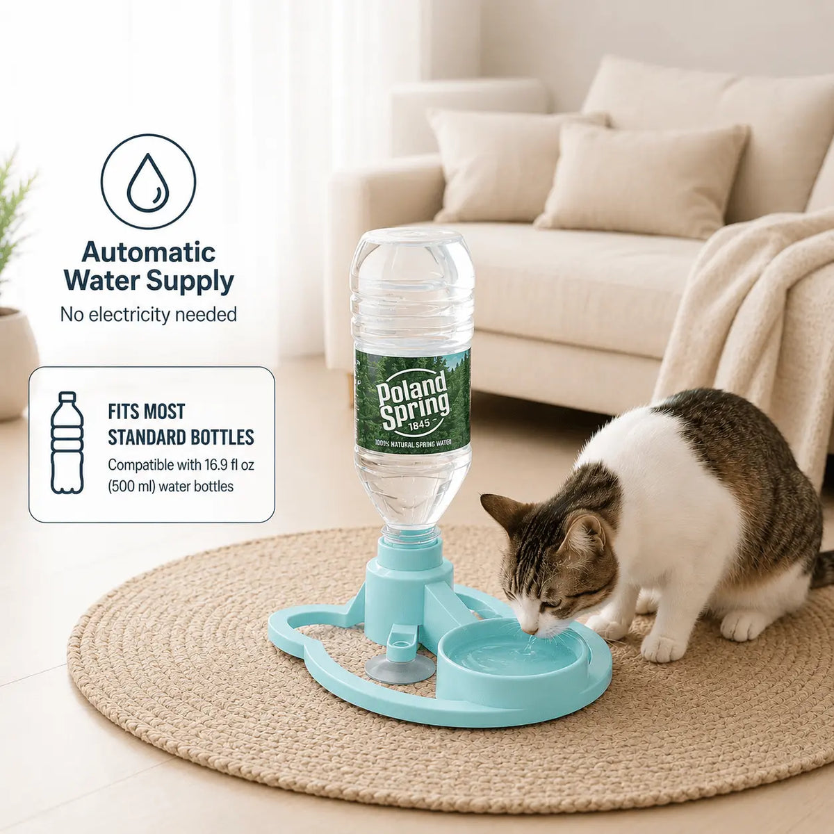Blue gravity pet water dispenser on a woven rug with an inverted water bottle and a cat drinking, labeled automatic water supply with no electricity needed and fits most standard 16.9 fl oz 500 ml bottles