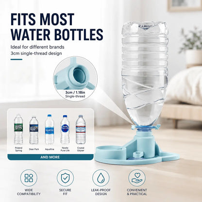 Fits most water bottles infographic showing the blue gravity pet water dispenser with a 3 cm single-thread bottle collar and a row of standard bottled water brands, with icons for wide compatibility, secure fit, leak-proof design, and convenient and practical use