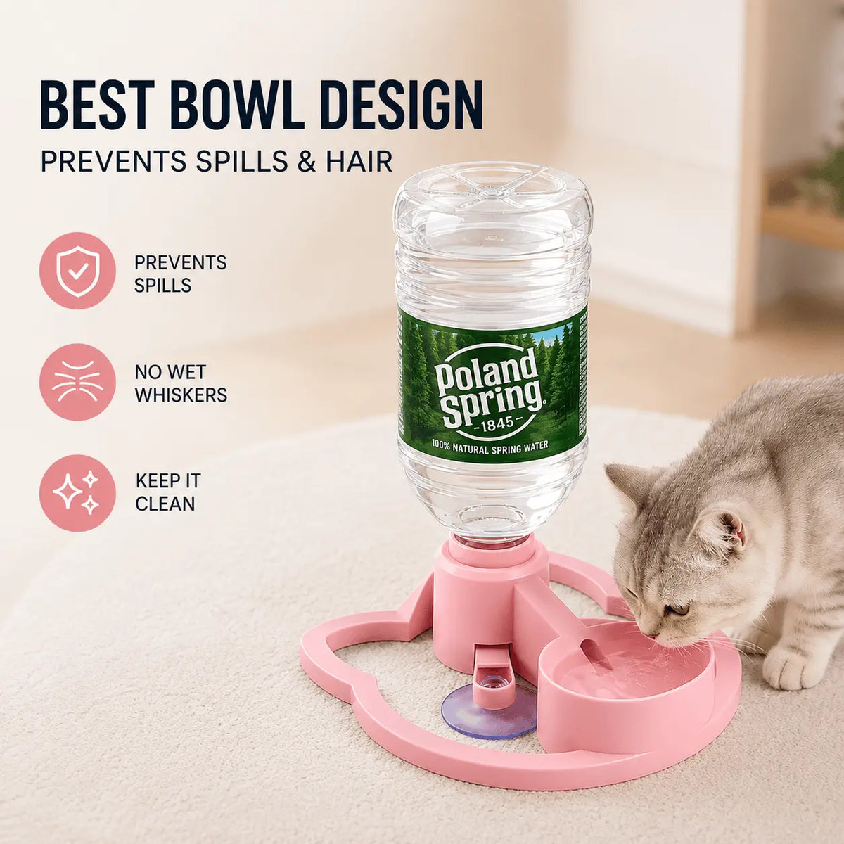 Best bowl design infographic showing the pink gravity pet water dispenser with a cat drinking and callouts for prevents spills, no wet whiskers, and keep it clean