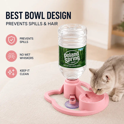 Best bowl design infographic showing the pink gravity pet water dispenser with a cat drinking and callouts for prevents spills, no wet whiskers, and keep it clean