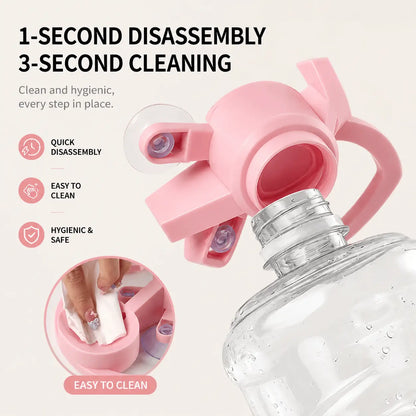 One second disassembly and three second cleaning infographic showing the pink gravity pet water dispenser taken apart into its bowl, base, and bottle collar for rinsing