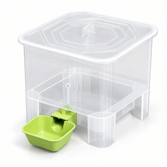 Large gravity pet water dispenser with a clear 7 L reservoir and removable green bowl.