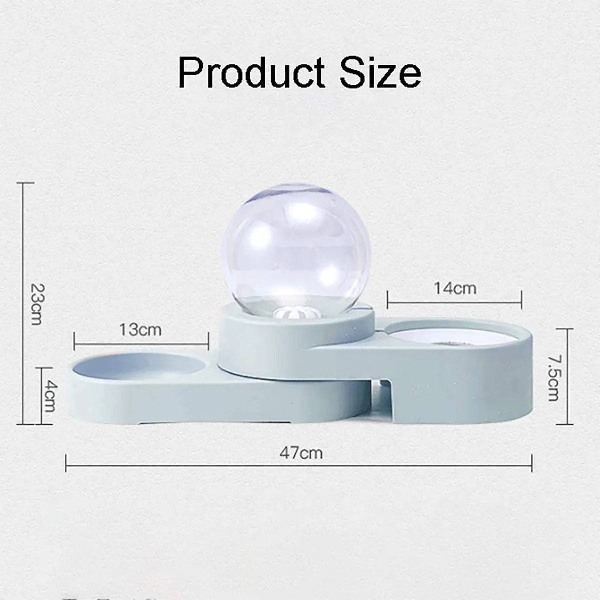 Product size diagram of the gravity water dispenser and food bowl set with overall length, height and bowl measurements