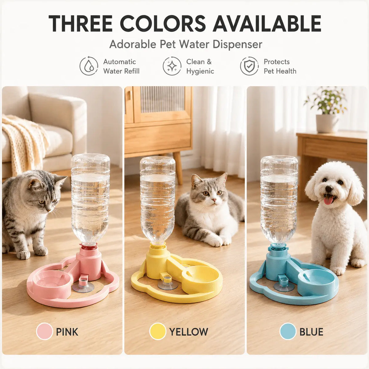 Three colors available chart showing the gravity pet water dispenser in pink with a tabby cat, yellow with a ginger cat, and blue with a white poodle