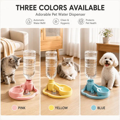 Three colors available chart showing the gravity pet water dispenser in pink with a tabby cat, yellow with a ginger cat, and blue with a white poodle