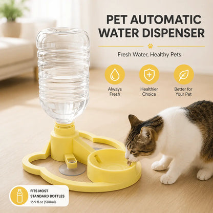 Pet automatic water dispenser banner showing the yellow gravity dispenser with a cat drinking and icons for always fresh, healthier choice, and better for your pet, plus fits most standard 16.9 fl oz 500 ml bottles